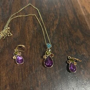 Gold-Tone Multi Gem Teardrop Pendant Necklace & Earrings Set - Purple